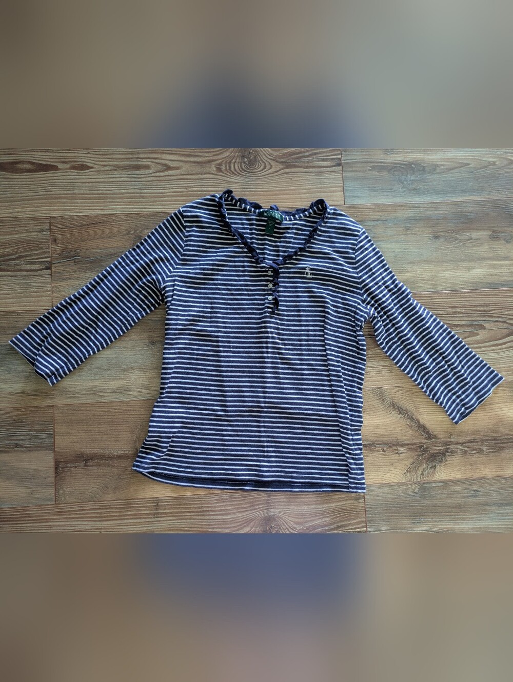 Lauren Ralph Lauren Navy Blue & White Stripe Ruffle Button Embroidered Top LRG